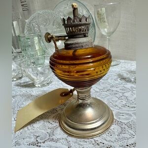 Vintage Small Amber Glass Oil Lamp